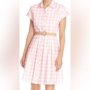 Eliza J Pink White Gingham Cotton Poplin Button Down Belted Dress